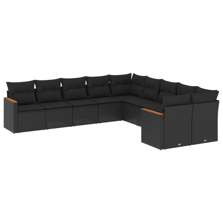 10-delige Loungeset met kussens poly rattan zwart