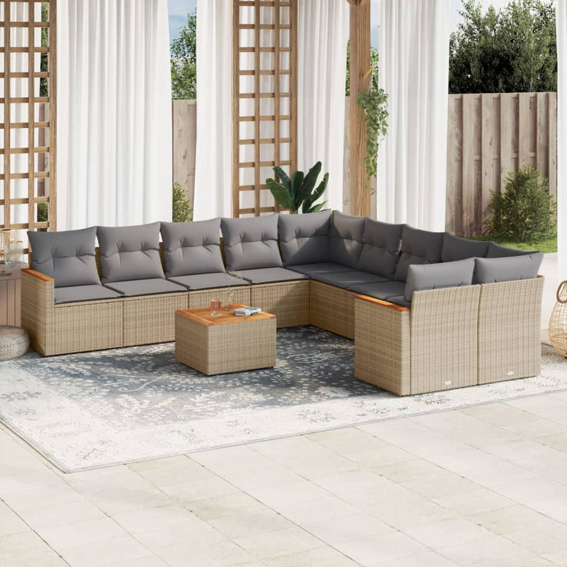 11-delige Tuinset met kussens poly rattan beige