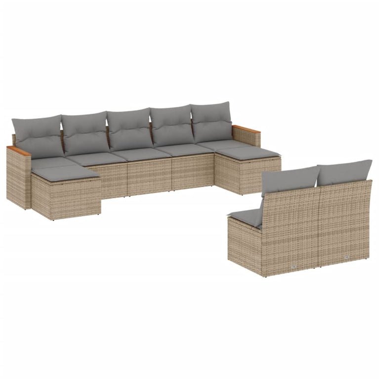 9-delige Loungeset met kussens poly rattan beige