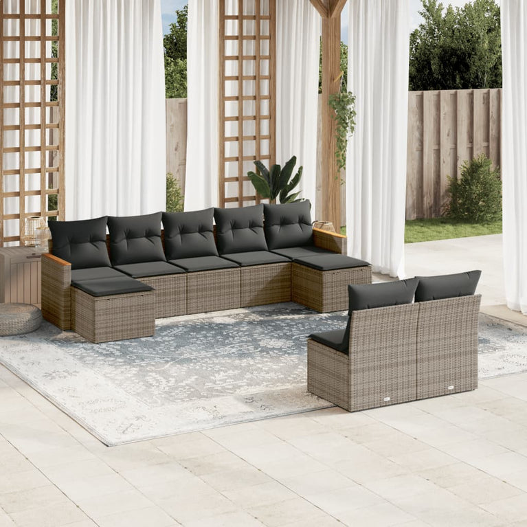 9-delige Loungeset met kussens poly rattan grijs