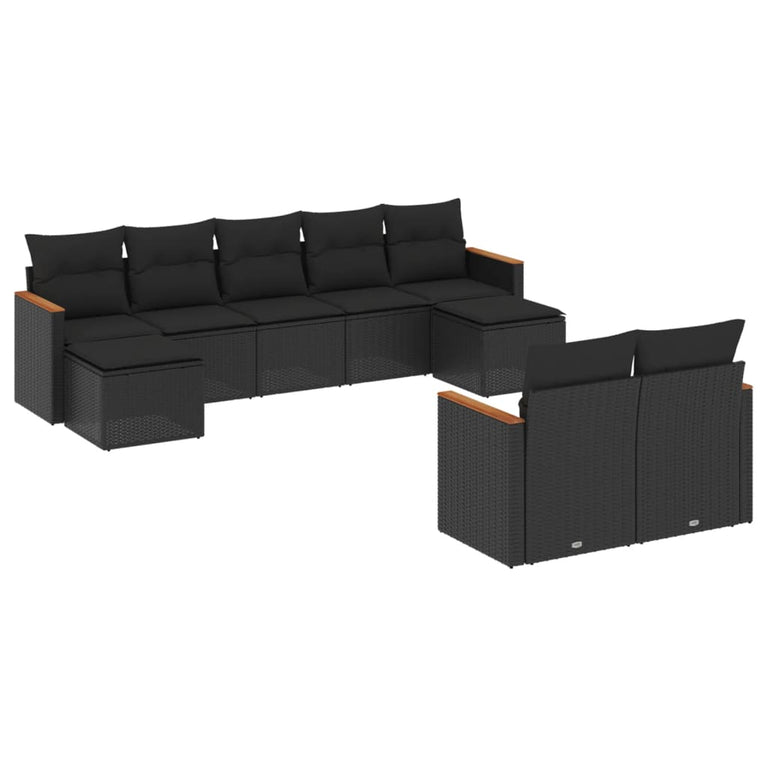 9-delige Loungeset met kussens poly rattan zwart