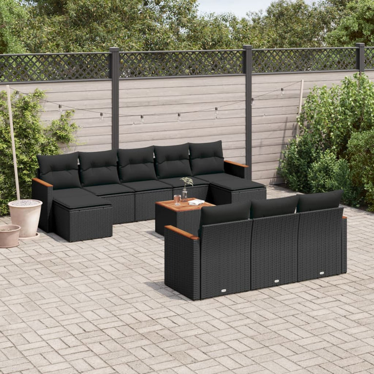 11-delige Loungeset met kussens poly rattan zwart