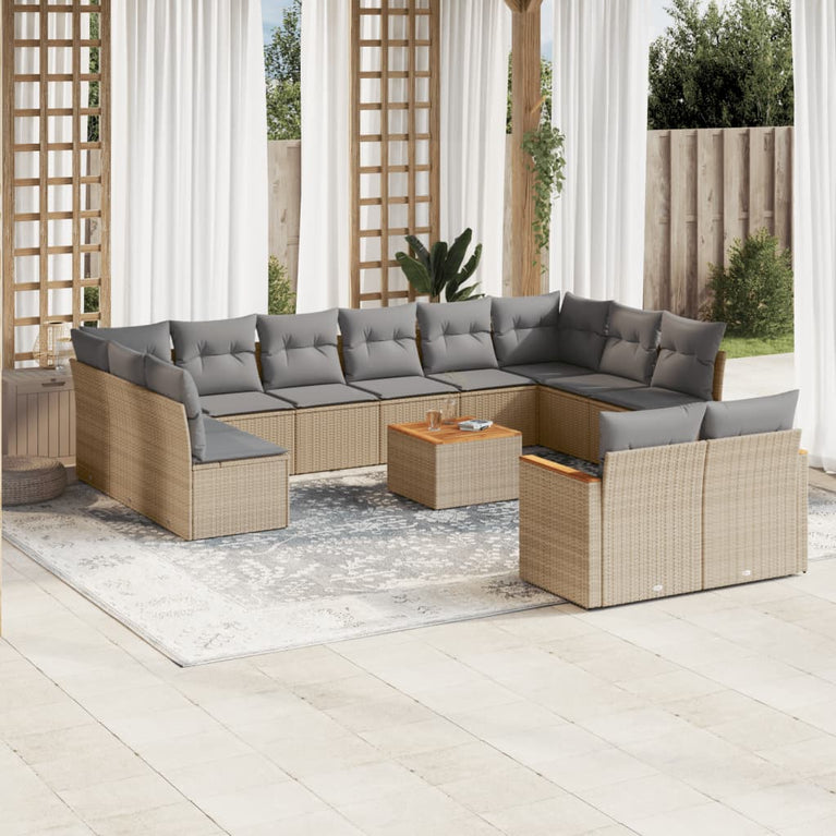 13-delige Loungeset met kussens poly rattan beige