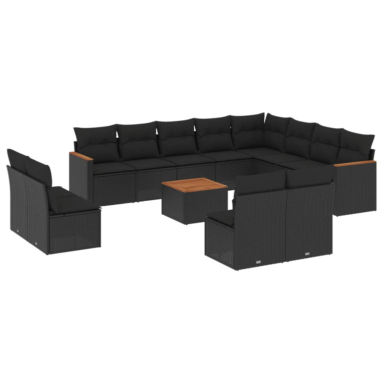 13-delige Loungeset met kussens poly rattan zwart