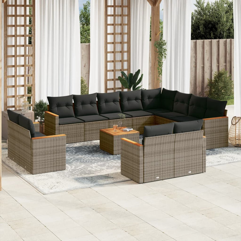 13-delige Loungeset met kussens poly rattan grijs