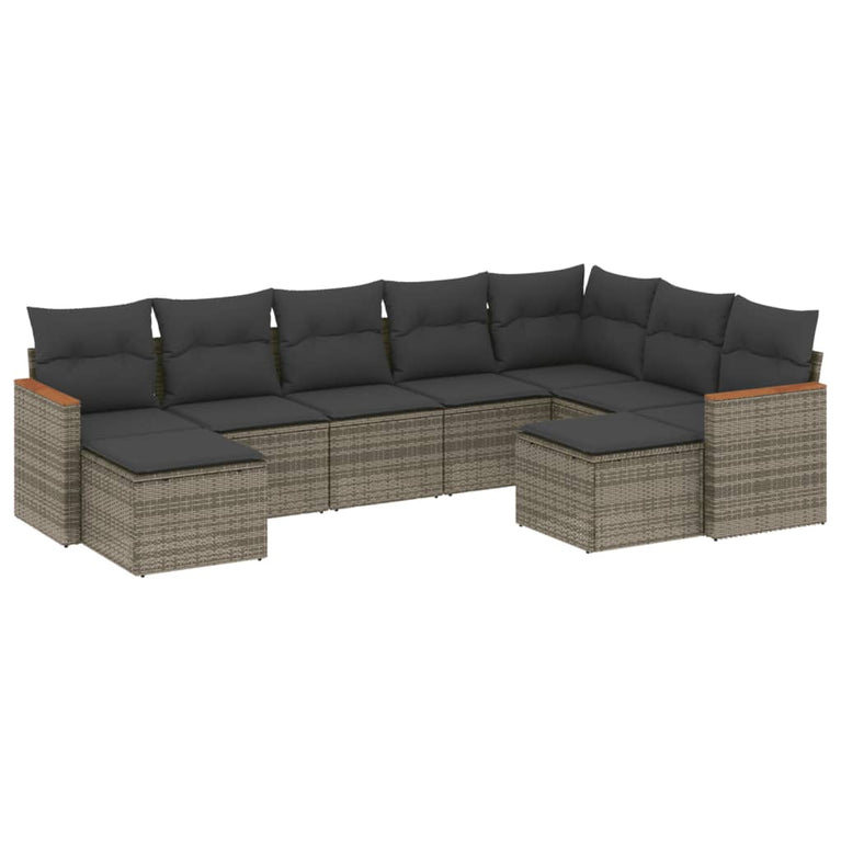 9-delige Loungeset met kussens poly rattan grijs