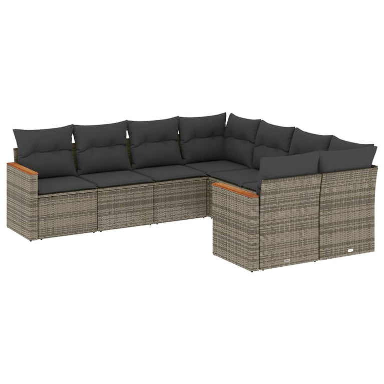 8-delige Loungeset met kussens poly rattan grijs