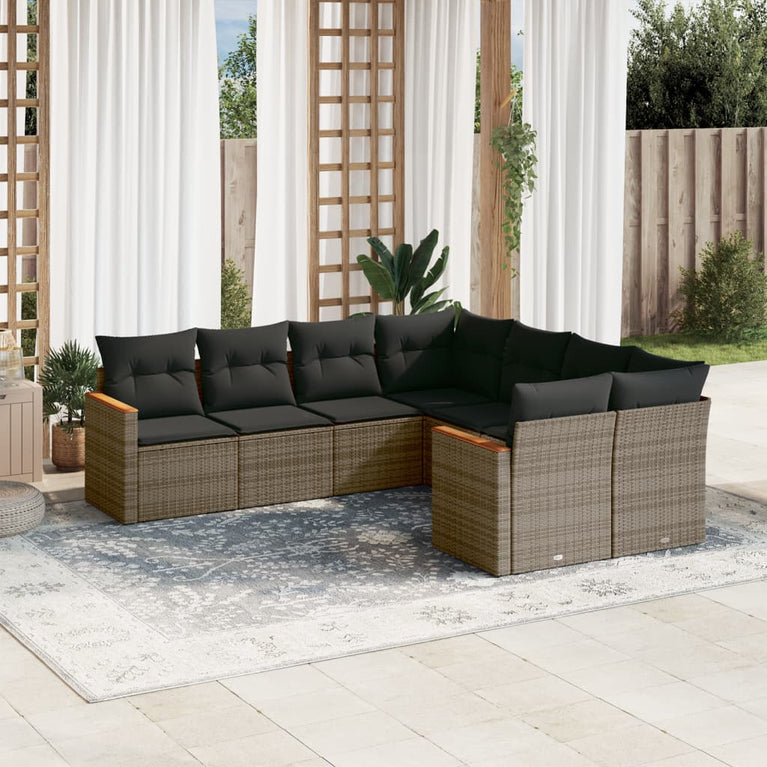 8-delige Loungeset met kussens poly rattan grijs