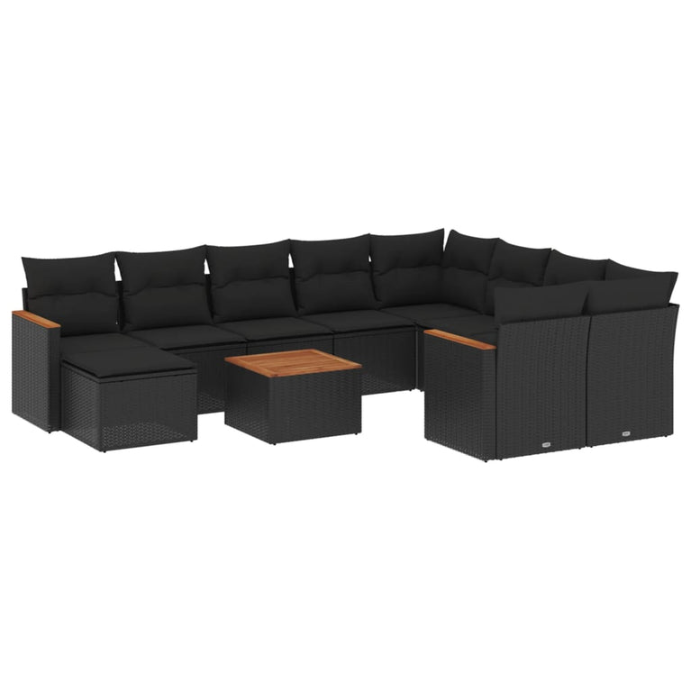 11-delige Loungeset met kussens poly rattan zwart