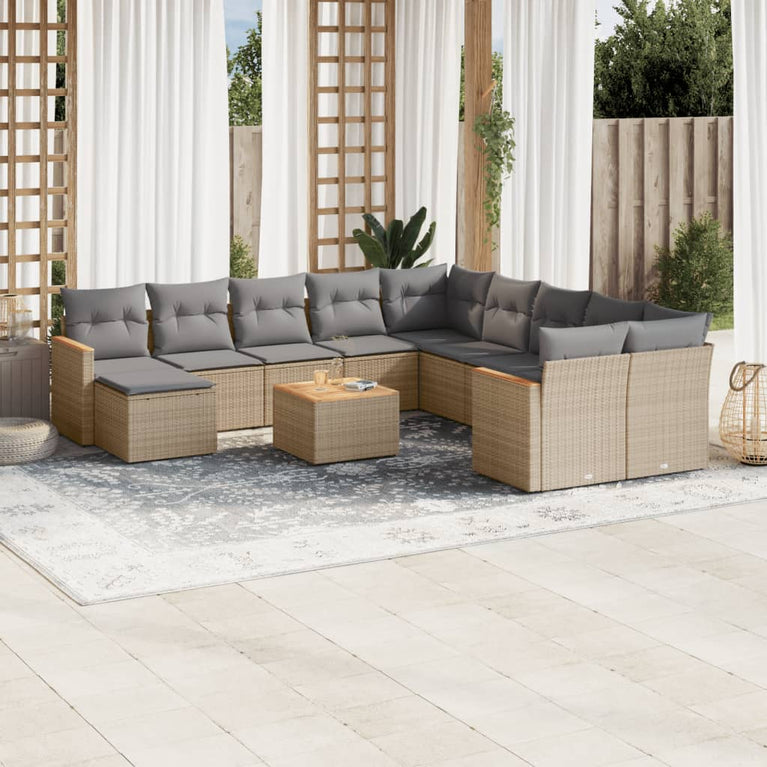 12-delige Loungeset met kussens poly rattan beige
