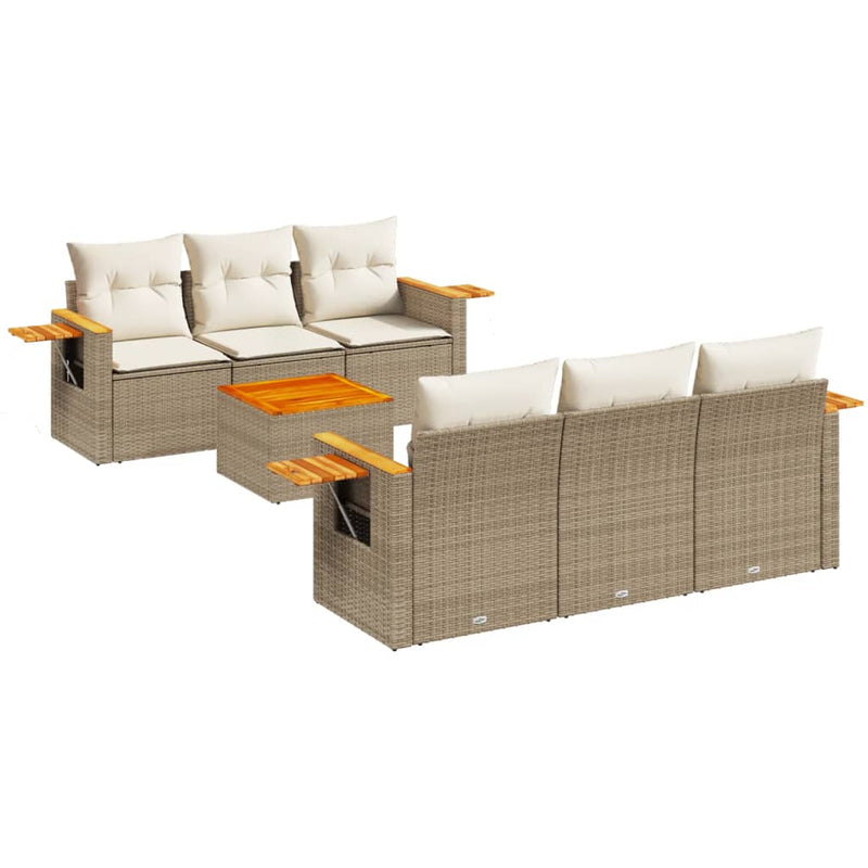 7-delige Loungeset met kussens poly rattan beige
