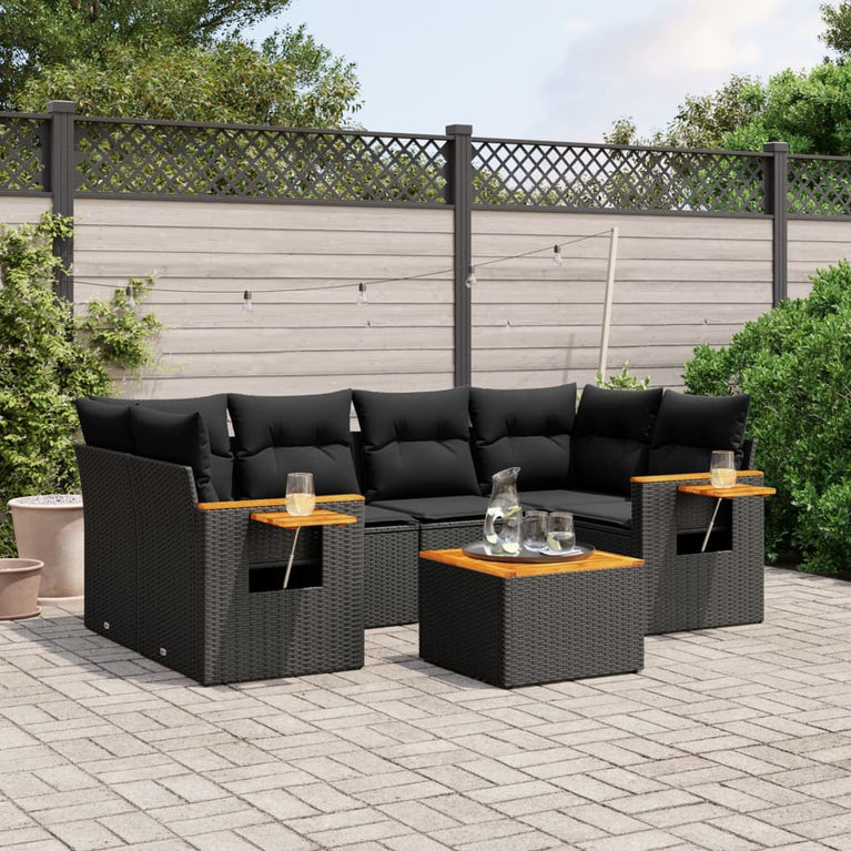 7-delige Loungeset met kussens poly rattan zwart