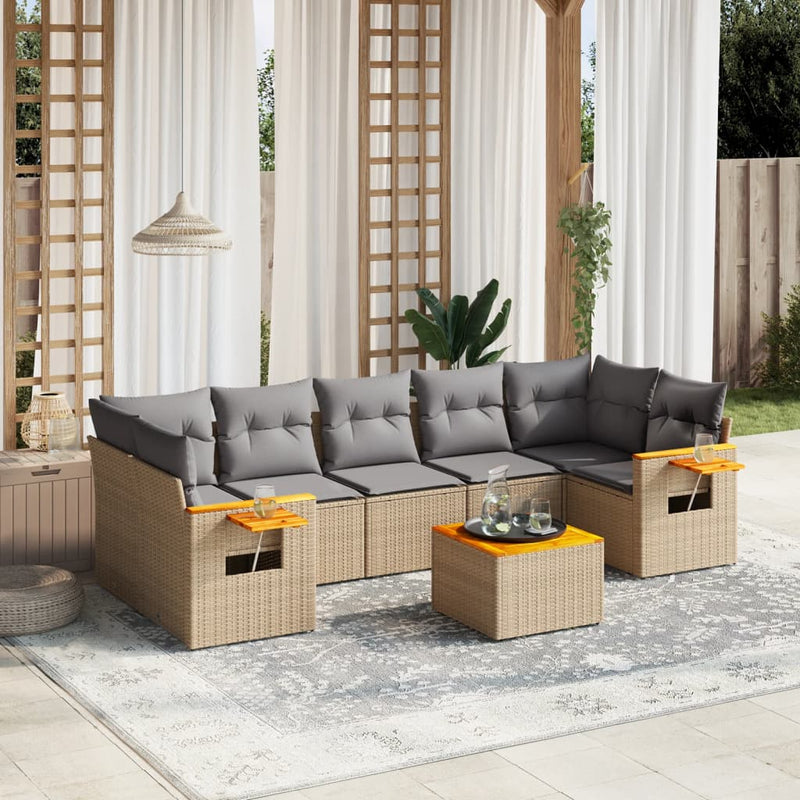 8-delige Loungeset met kussens poly rattan beige