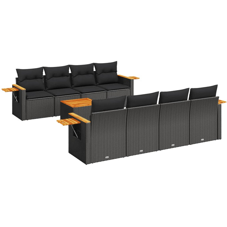 9-delige Loungeset met kussens poly rattan zwart