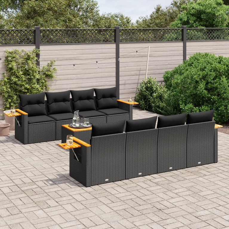 9-delige Loungeset met kussens poly rattan zwart