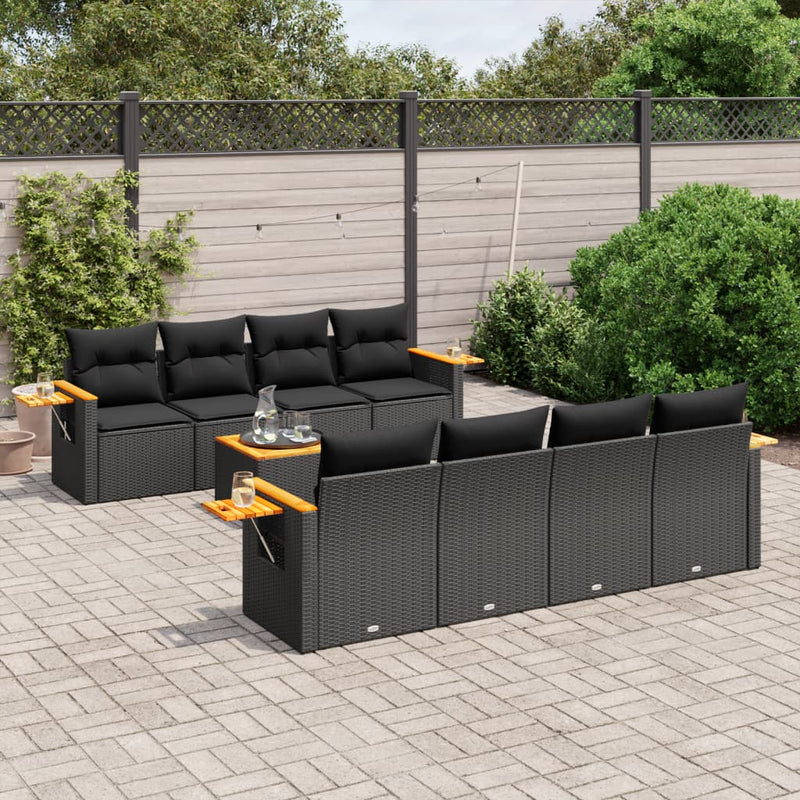 9-delige Loungeset met kussens poly rattan zwart
