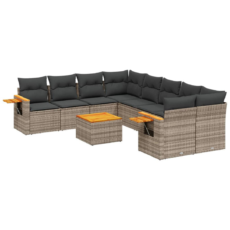 9-delige Loungeset met kussens poly rattan grijs