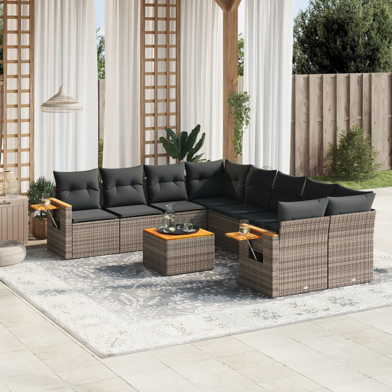 9-delige Loungeset met kussens poly rattan grijs