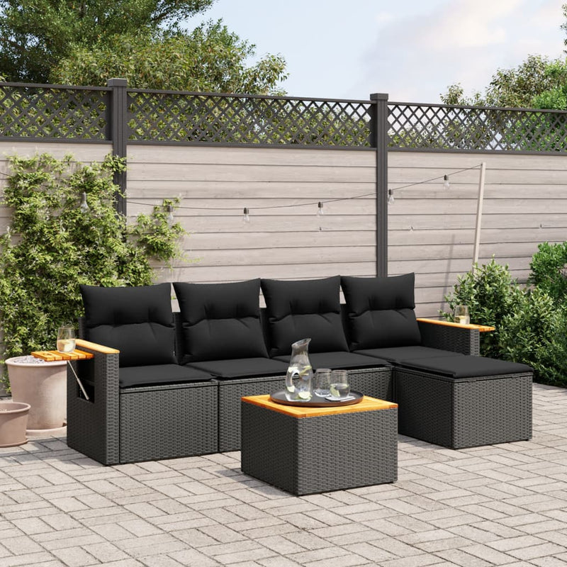 6-delige Loungeset met kussens poly rattan zwart
