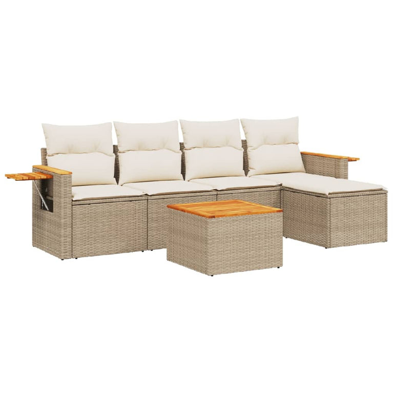 6-delige Loungeset met kussens poly rattan beige