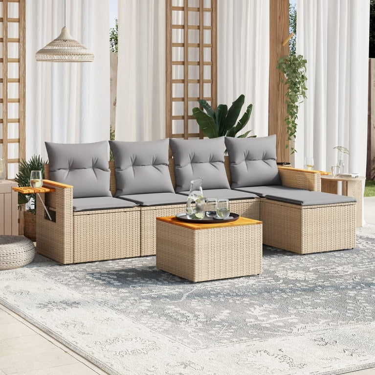 6-delige Loungeset met kussens poly rattan beige