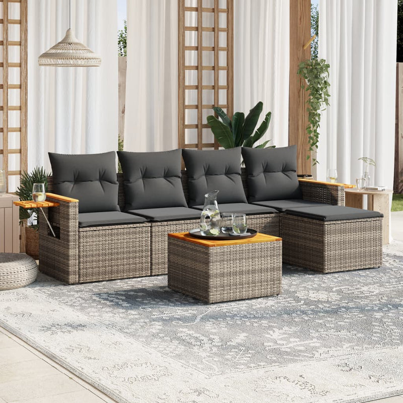 6-delige Loungeset met kussens poly rattan grijs