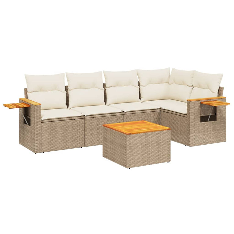 6-delige Loungeset met kussens poly rattan beige