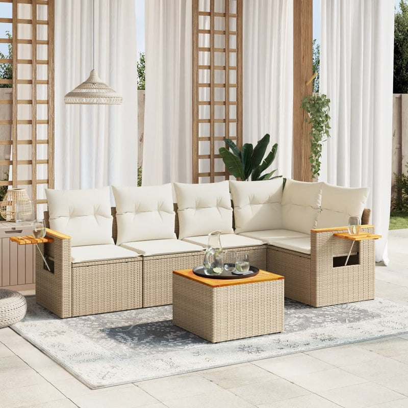 6-delige Loungeset met kussens poly rattan beige