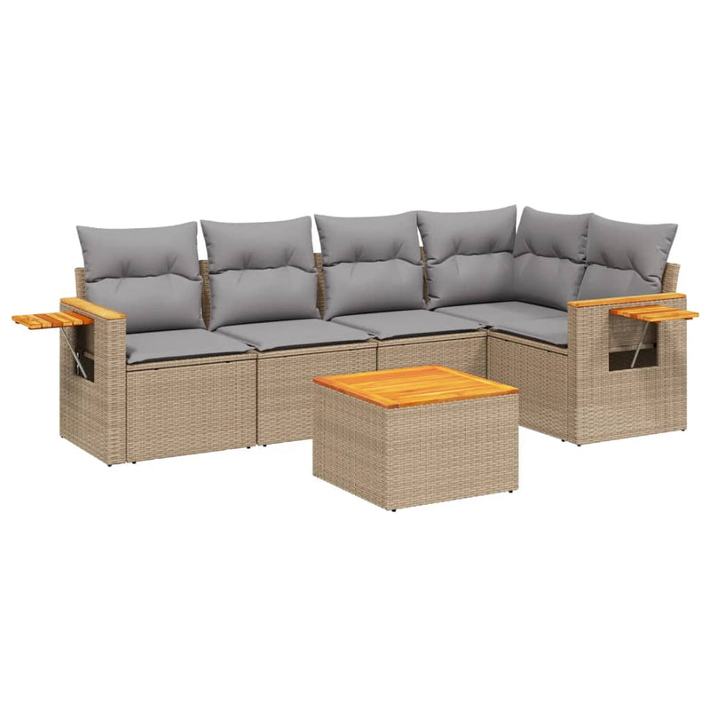6-delige Loungeset met kussens poly rattan beige