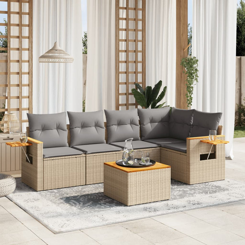6-delige Loungeset met kussens poly rattan beige