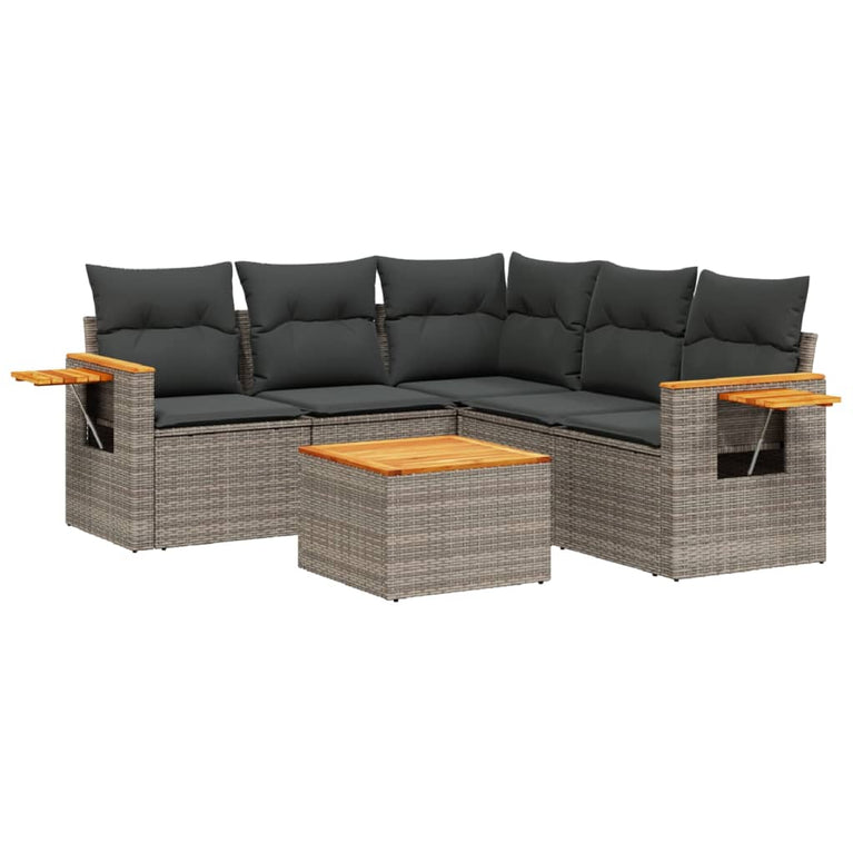 6-delige Loungeset met kussens poly rattan grijs