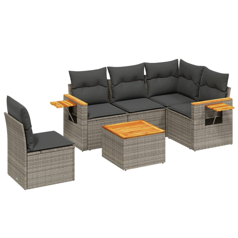 6-delige Loungeset met kussens poly rattan grijs