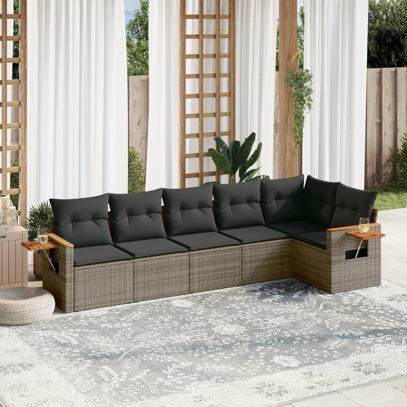 6-delige Loungeset met kussens poly rattan grijs