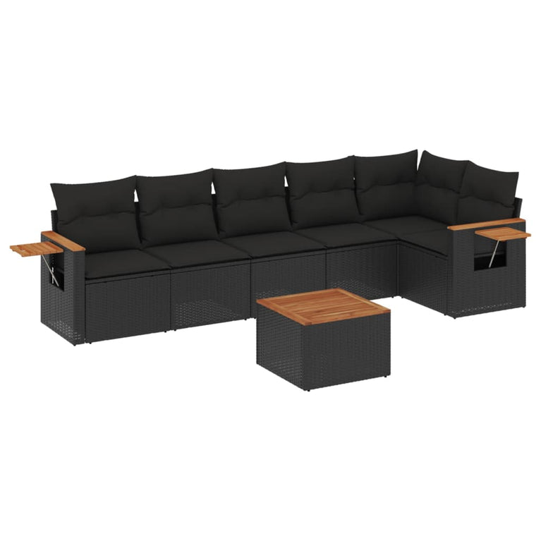 7-delige Loungeset met kussens poly rattan zwart