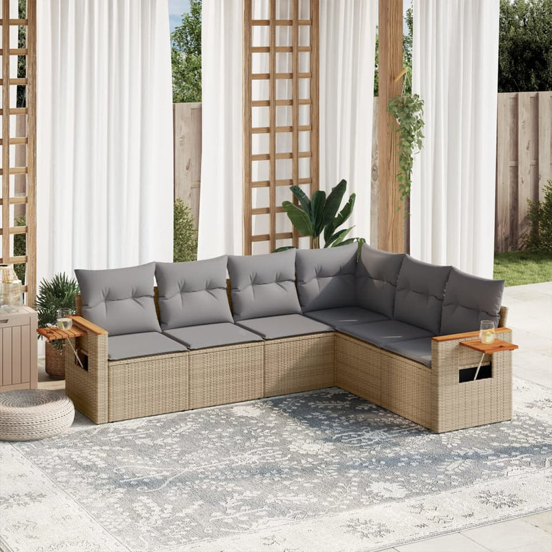 6-delige Loungeset met kussens poly rattan beige