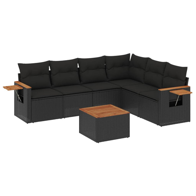 7-delige Loungeset met kussens poly rattan zwart