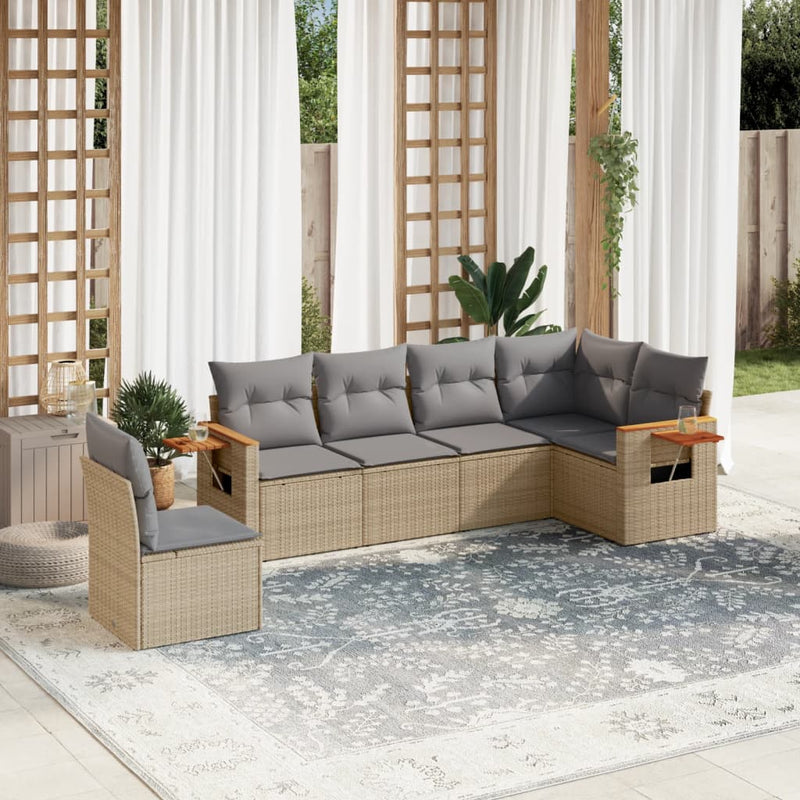 6-delige Loungeset met kussens poly rattan beige
