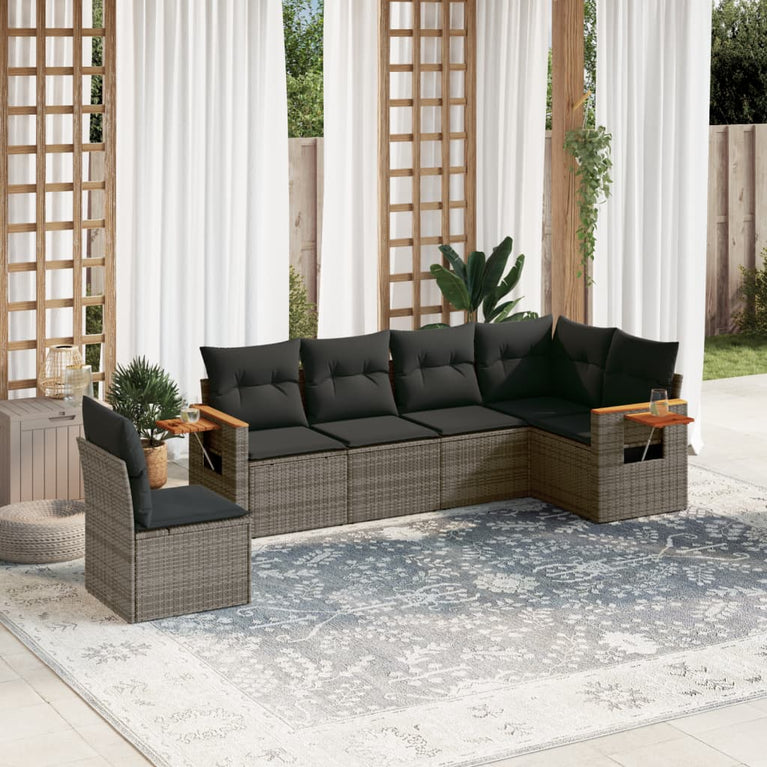 6-delige Loungeset met kussens poly rattan grijs