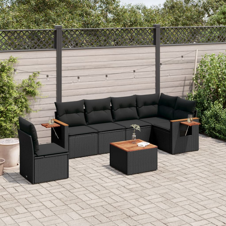 7-delige Loungeset met kussens poly rattan zwart