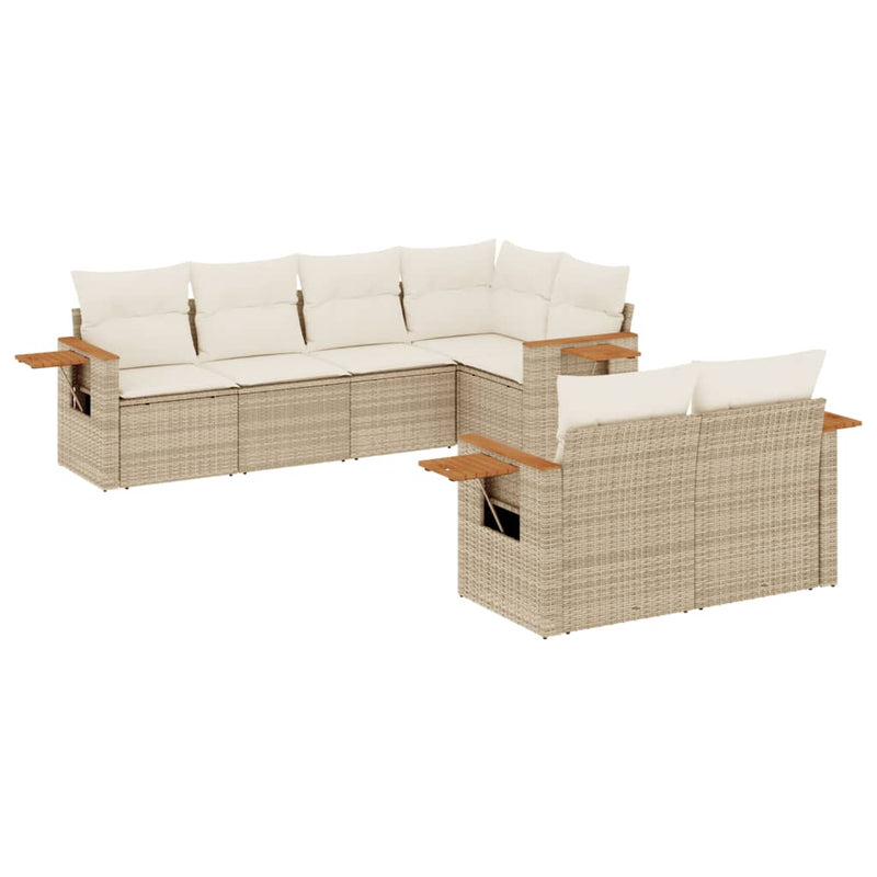 7-delige Loungeset met kussens poly rattan beige