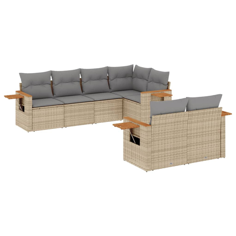 7-delige Loungeset met kussens poly rattan beige