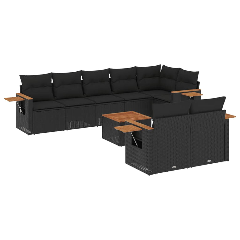 9-delige Loungeset met kussens poly rattan zwart