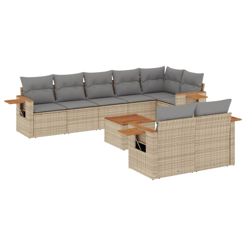 9-delige Loungeset met kussens poly rattan beige