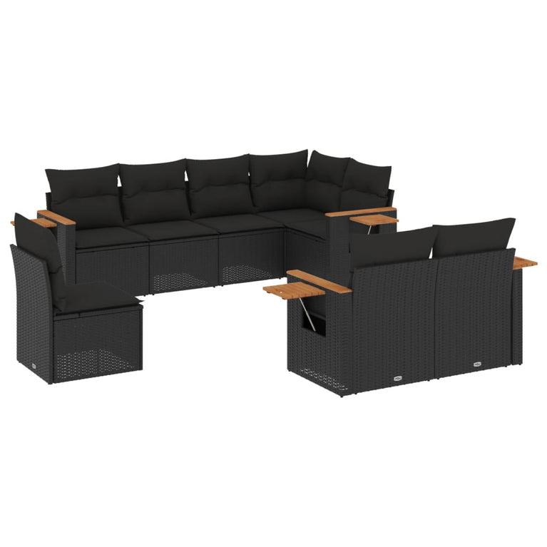 8-delige Loungeset met kussens poly rattan zwart