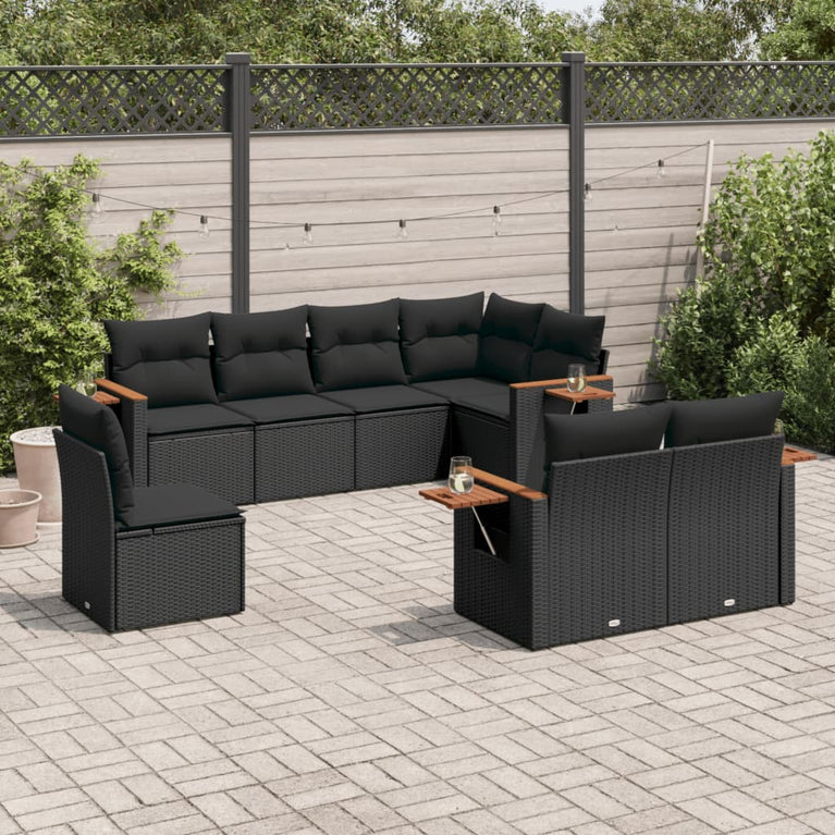 8-delige Loungeset met kussens poly rattan zwart