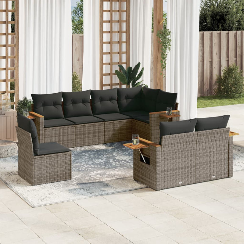 8-delige Loungeset met kussens poly rattan grijs