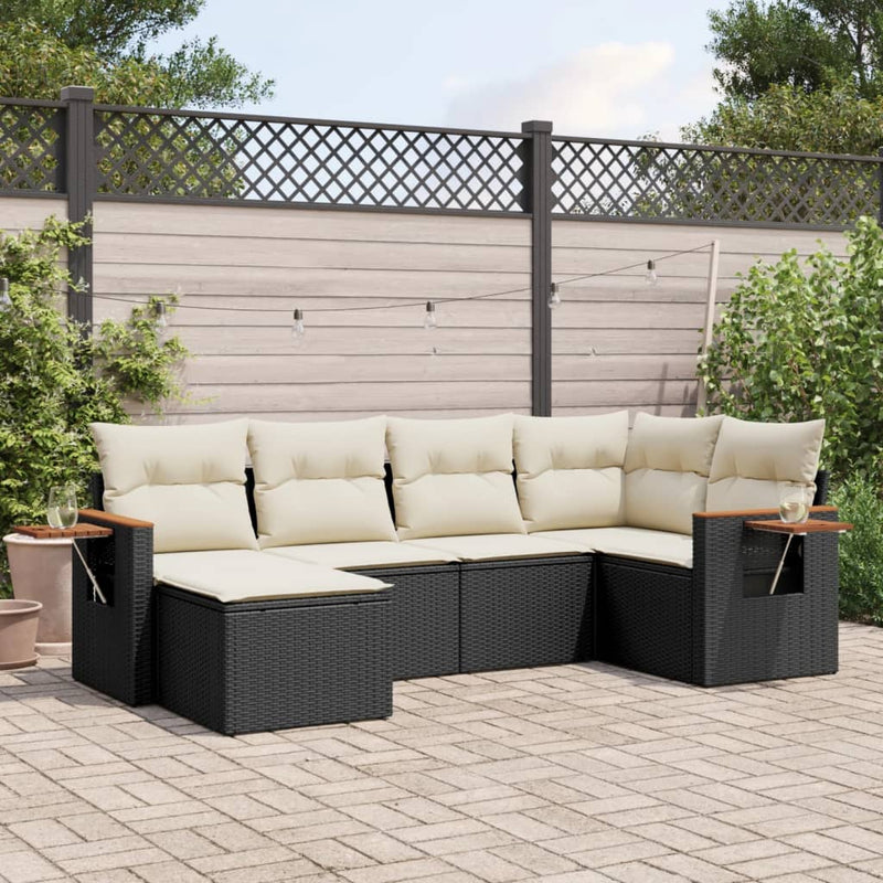 6-delige Loungeset met kussens poly rattan zwart