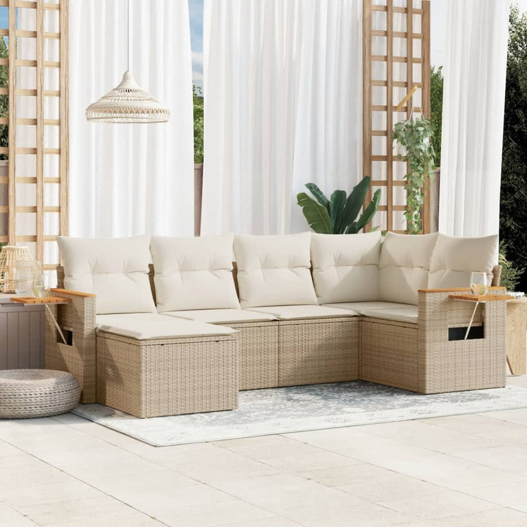 6-delige Loungeset met kussens poly rattan beige