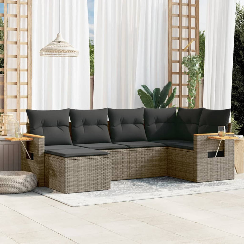 6-delige Loungeset met kussens poly rattan grijs