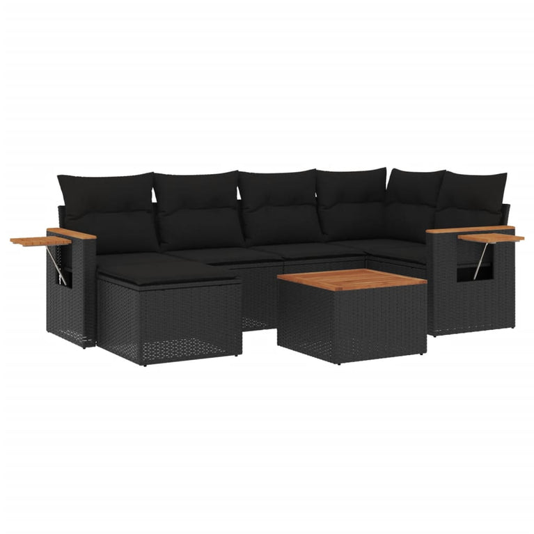 7-delige Loungeset met kussens poly rattan zwart